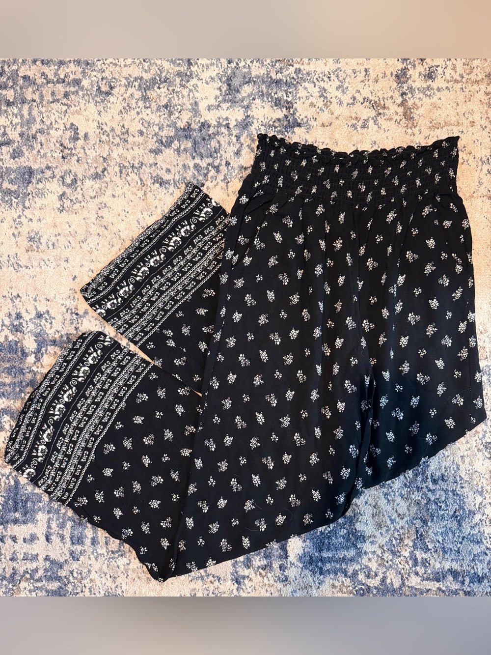 Black Patterned Smocked Waist Pants